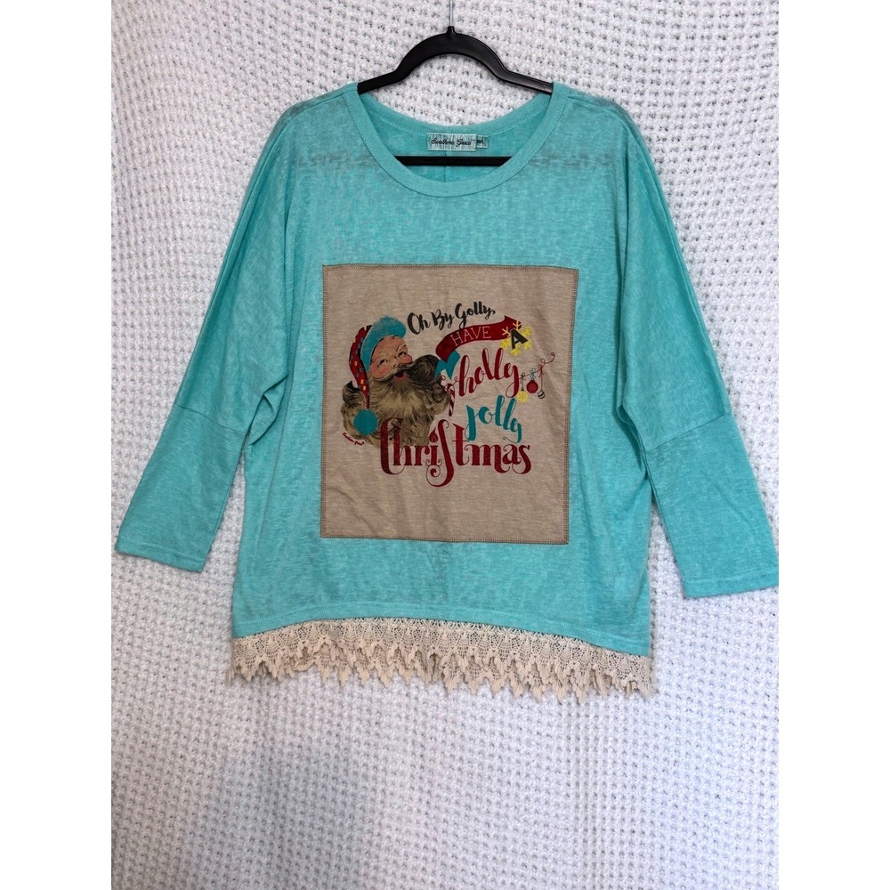 Southern Grace‎ Teal Santa "Holly Jolly Christmas" Lace Trim Top M L